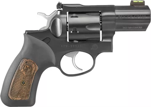 Ruger GP100, TALO Edition, Double Action, Revolver, 357 Magnum/38 Special, 2.5" Barrel, Steel, Blued Finish, Rubber Grips with Wood Inlay, Green HiViz Fiber Optic Front Sight and Adjustable Rear Sight, 6 Rounds 01790